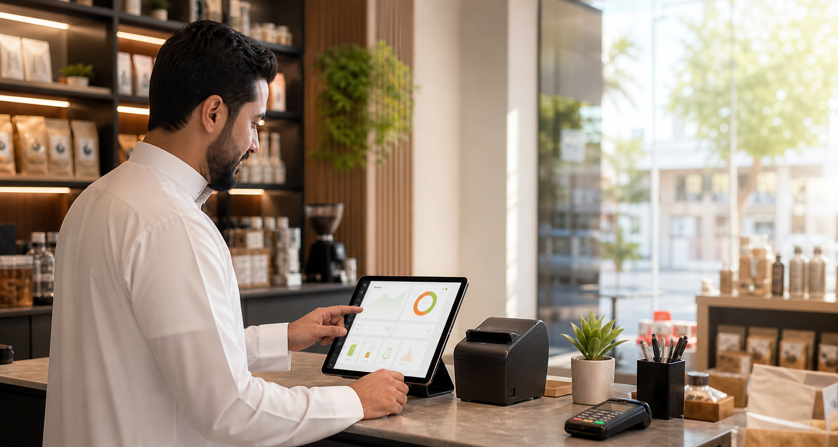 صاحب مشروع يستخدم جهاز لوحي لمتابعة المبيعات
